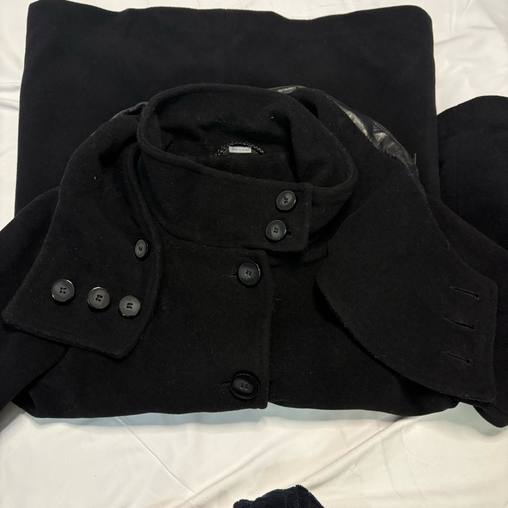 Mackage Wool Cashmere Coat Black Leather Trim Removable Collar Hood Size L - Picture 7 of 15